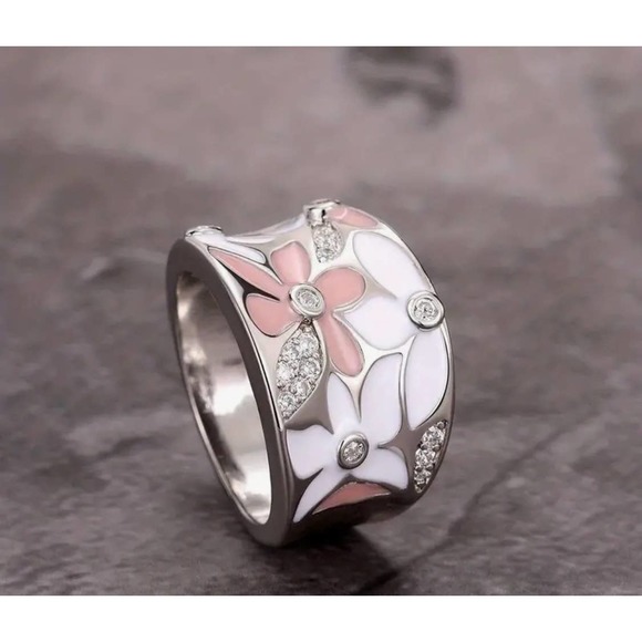 Silver Plated Zircon Pink Enamel Flower Ring - Picture 4 of 4